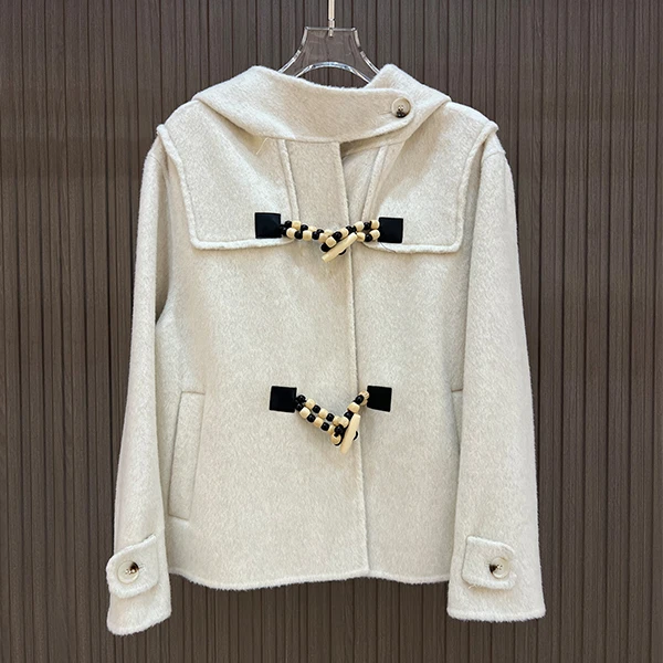 【工厂直销】连帽正肩短款双面大衣女2024冬季韩版宽松毛呢外套