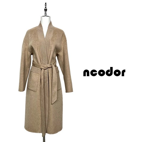 【工厂直销】秋冬新款双面呢绵羊毛大衣大衣系带拱针浴袍中长款外套