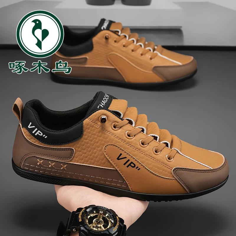 啄木鸟男鞋秋季新款休闲板鞋豆豆鞋运动防滑软底皮面男士一脚蹬鞋