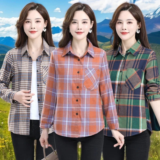 新款中老年女装大码高档衬衣薄开衫外套妈妈装春季格子长袖棉衬衫