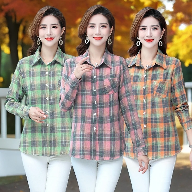 春秋显瘦全棉大码薄款格子上衣纯棉衬衫女中老年女装百搭时尚衬衣