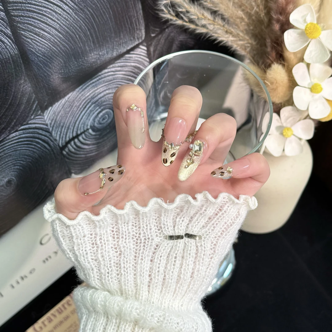 Miss lu【金钱豹】法式鎏金猫眼手绘猫眼爆闪钻手工穿戴甲成品美甲