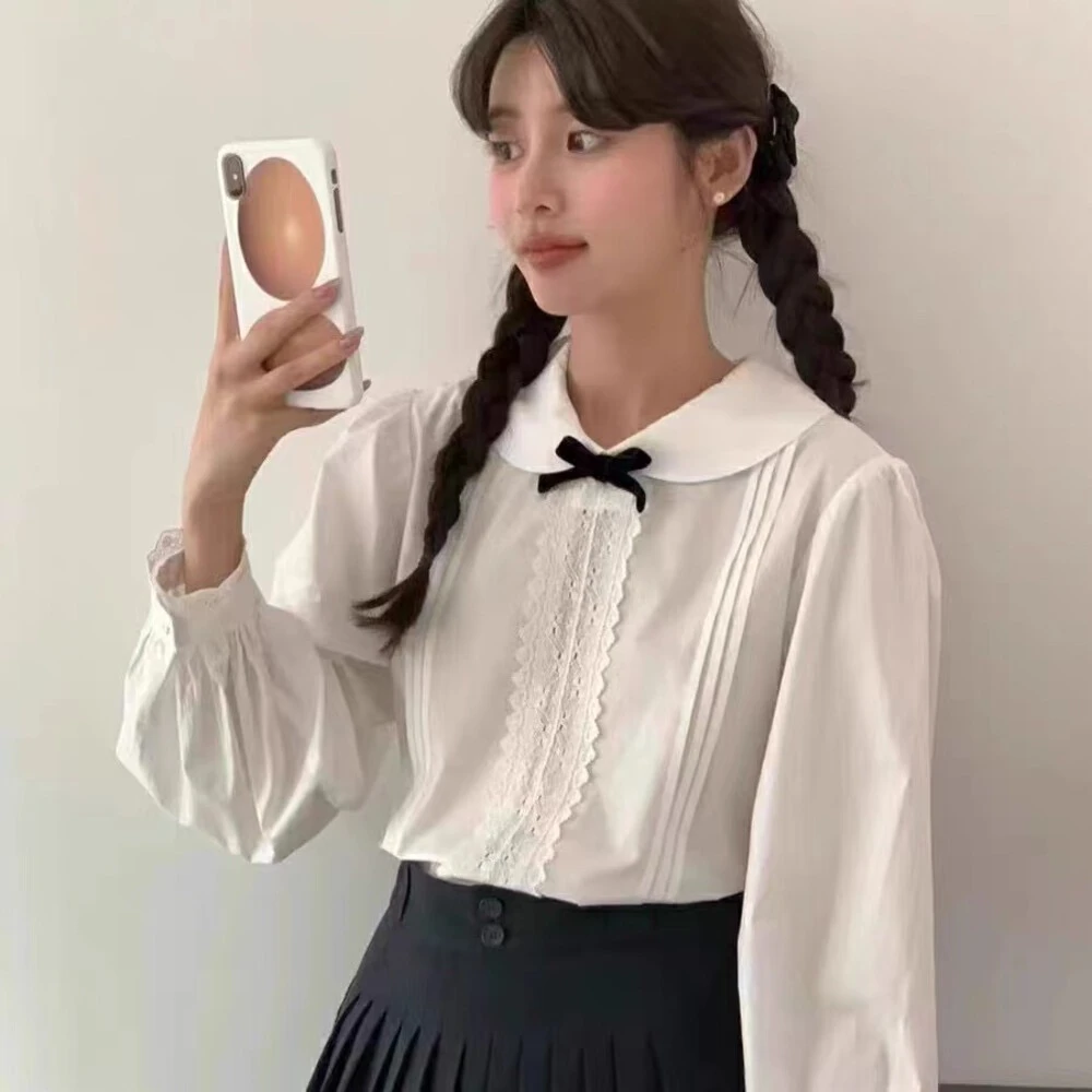 2024秋季新拼接款蕾丝娃娃领立体蝴蝶领结衬衫女减龄叠穿长袖上衣