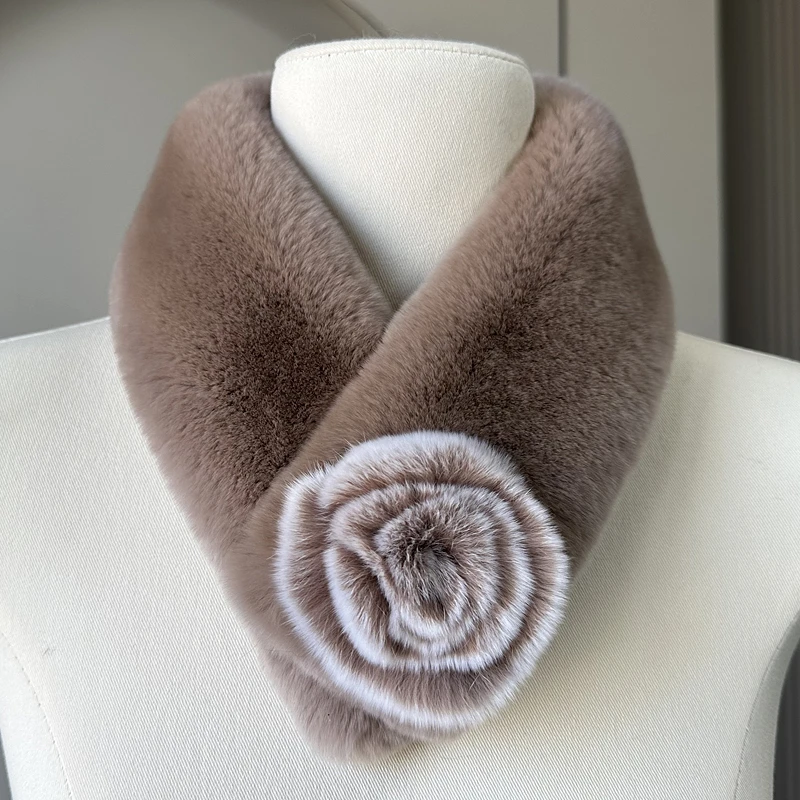 秋冬新款双面整皮獭兔毛气质山茶花皮草围巾妈妈款中老年保暖舒适