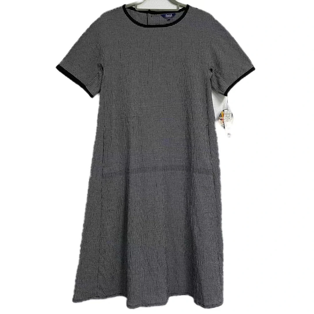 【外贸精品】809C 文艺千鸟格撞色边条宽松短袖 连衣裙