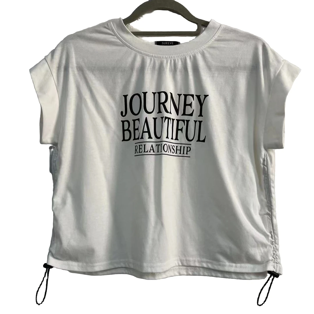 【外贸精品】4317 甜辣设计感抽绳字母印花短款 T恤