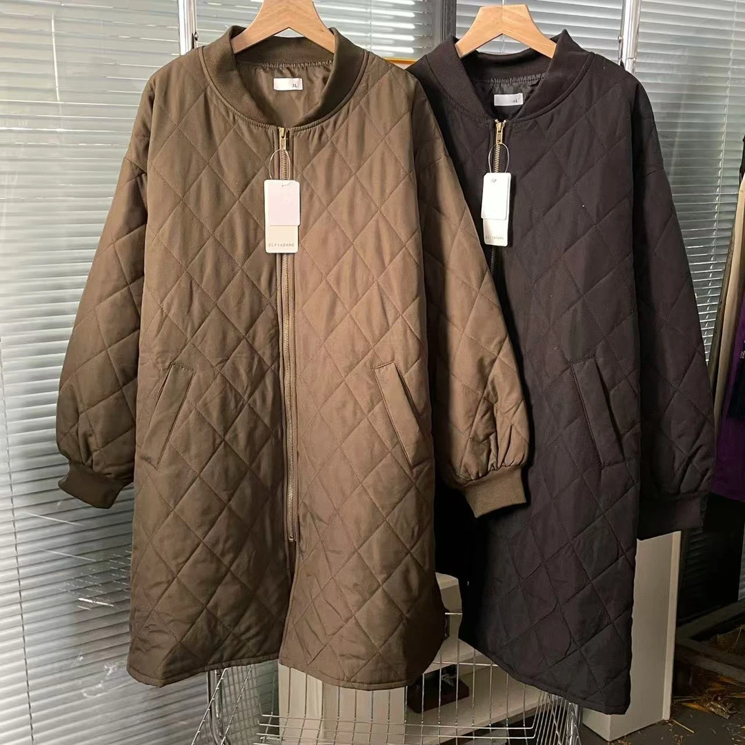 【外贸精品】0004 纯色棒球领格纹中长款 棉服