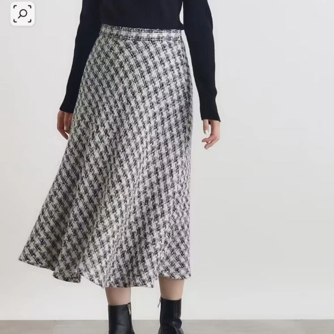 【外贸精品】5151 24冬编织毛呢复古千鸟格鱼尾 半身裙