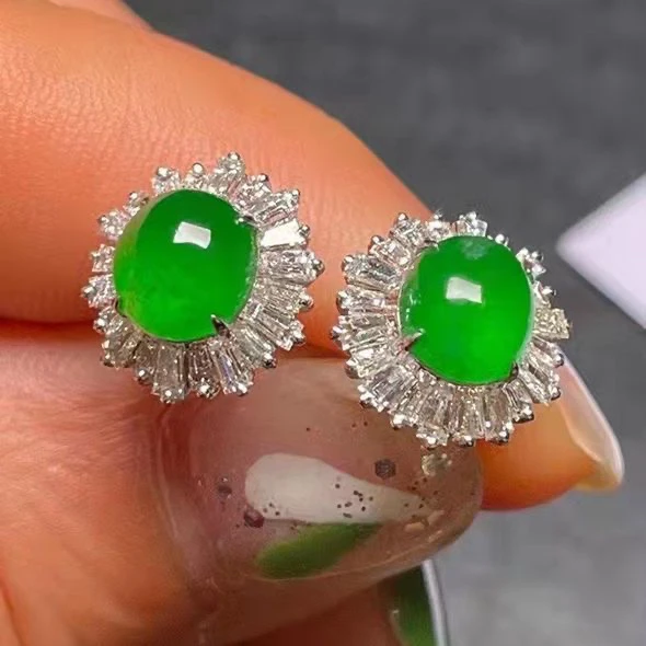 真品复古玛瑙绿色蛋面太阳花满镶玉耳钉耳饰气质大气女时尚玉耳环