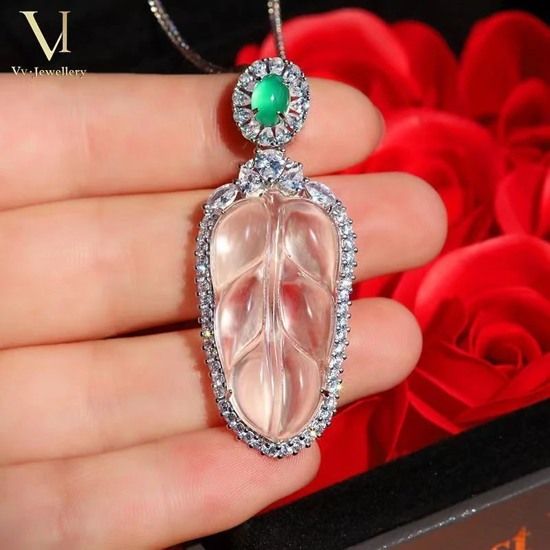 小众珠宝玉石精美镶嵌白玛瑙真品金枝玉叶玉叶子玉吊坠女款项链女