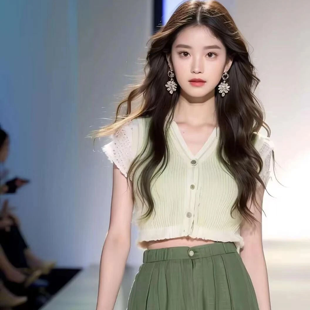 2024夏季女装气质渐变设计短款针织T恤高腰显瘦阔腿休闲裤两件套