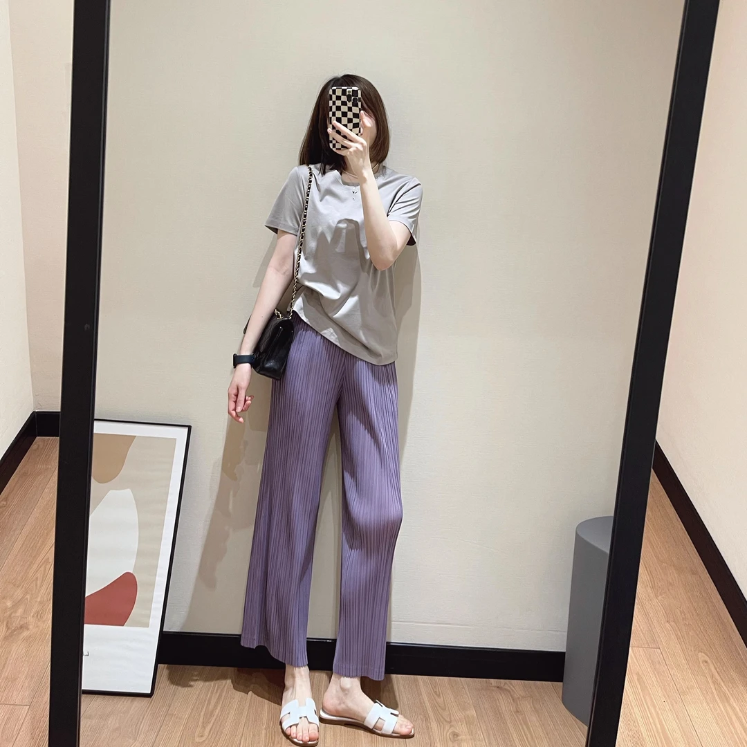 三宅风日系夏季新款褶皱休闲九分直筒裤高腰透气垂感显瘦阔腿裤女