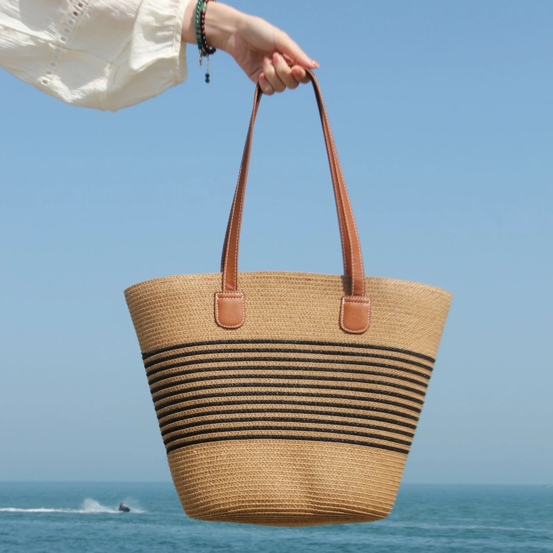 单肩包女士ins编织包包大容量托特包撞色休闲百搭2025夏天草编包