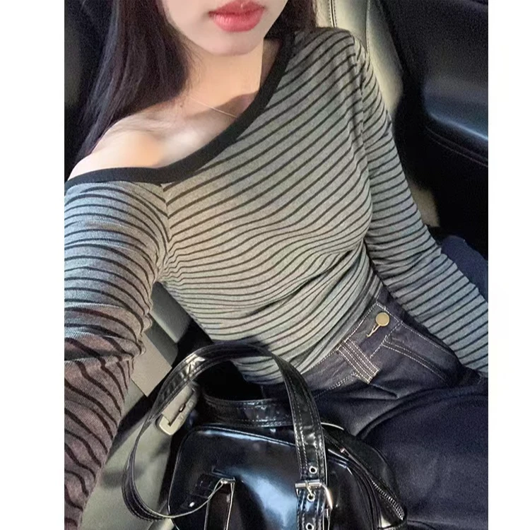#5172 条纹一字肩上衣长袖女百搭显瘦慵懒风辣妹露肩休闲