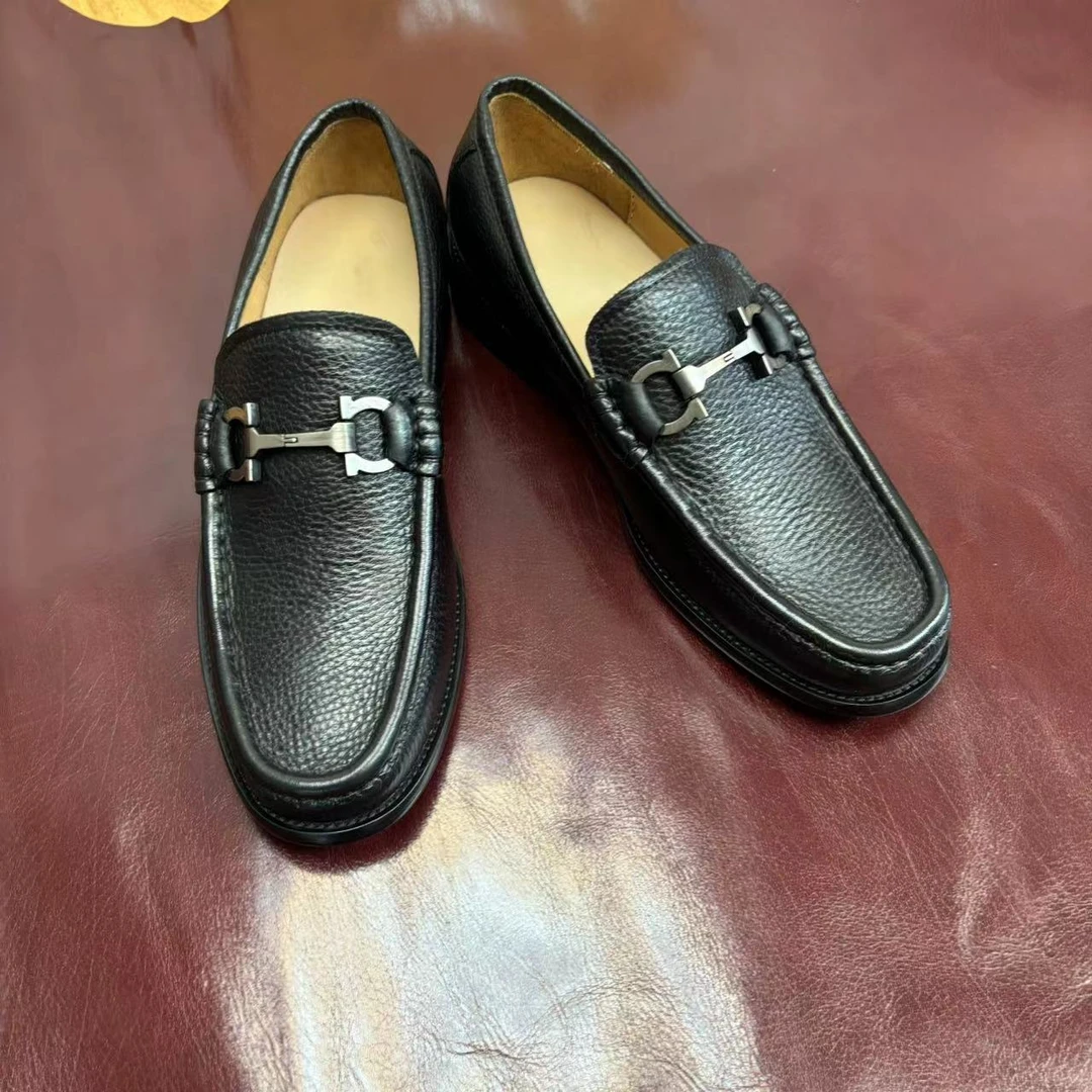 男士荔枝纹牛皮马衔扣实木跟豆豆鞋里外全皮时尚百搭经典商务