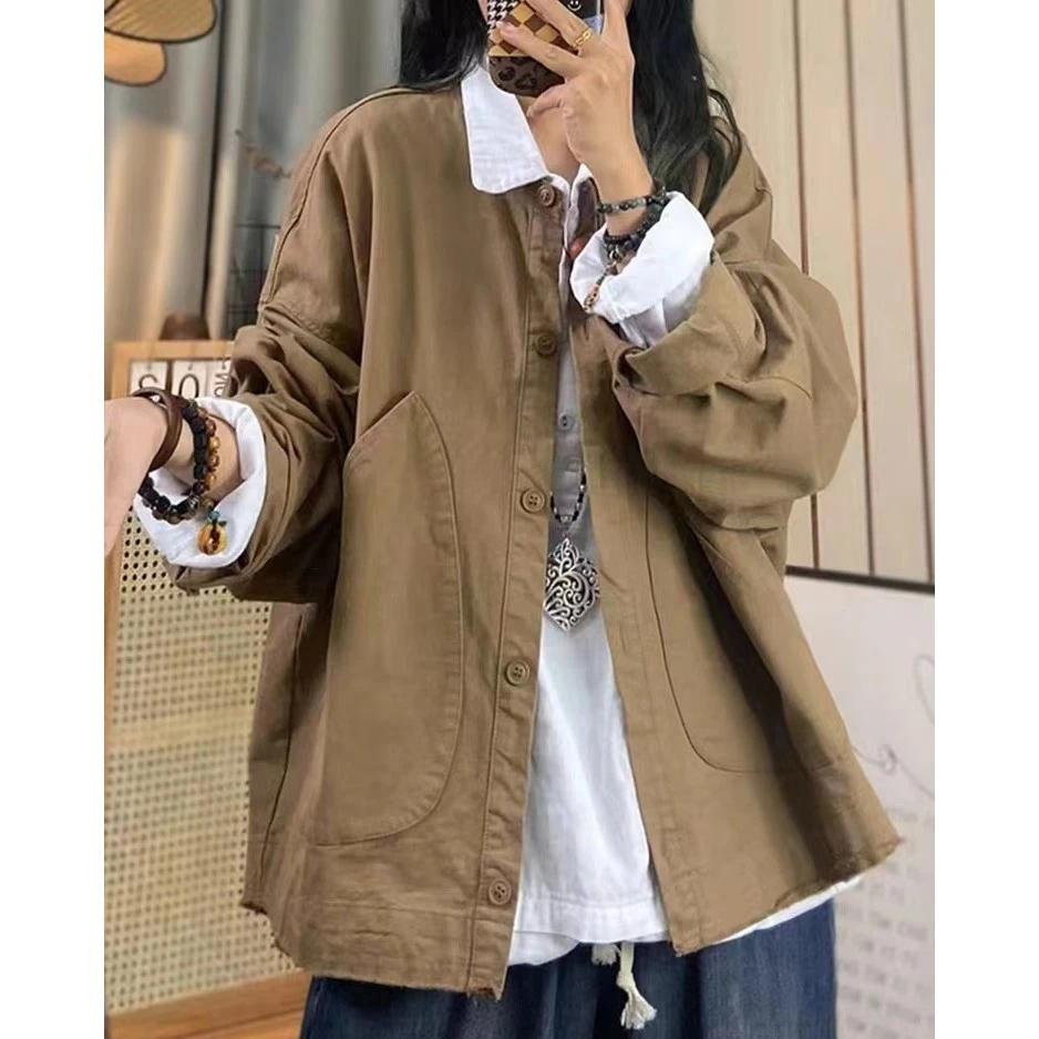 春秋日韩系列宽松设计感潮流复古长袖外套百搭纯棉开衫女#83006