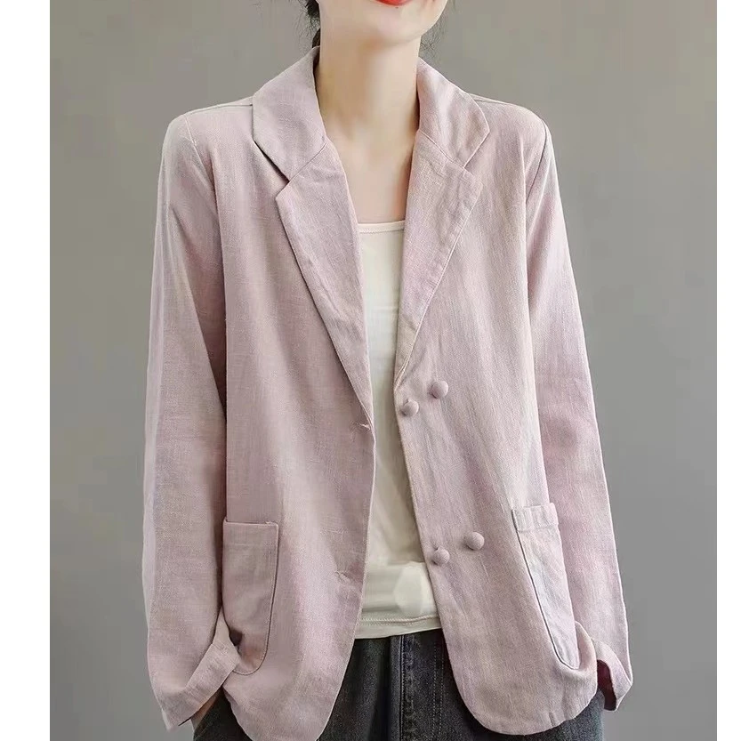 复古文艺棉麻小西装春秋季新款百搭休闲宽松时尚简约亚麻西服外套