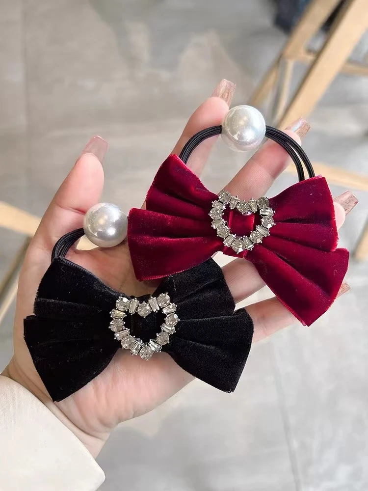 雏奇精选   丝绒蝴蝶结爱心水钻发绳H340