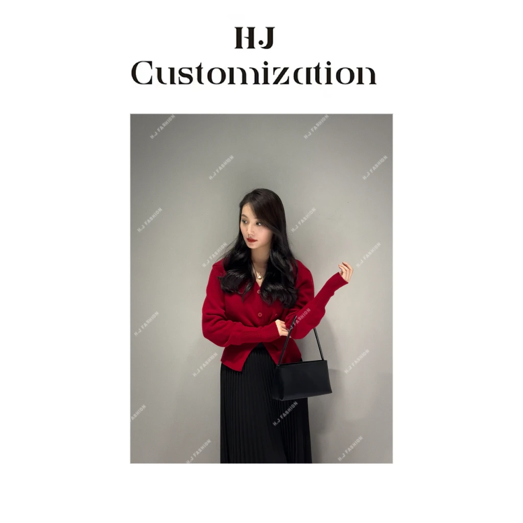 【 H·J 】“松茶可可”100%羊毛法式V领长袖双排扣泡泡袖开衫8558