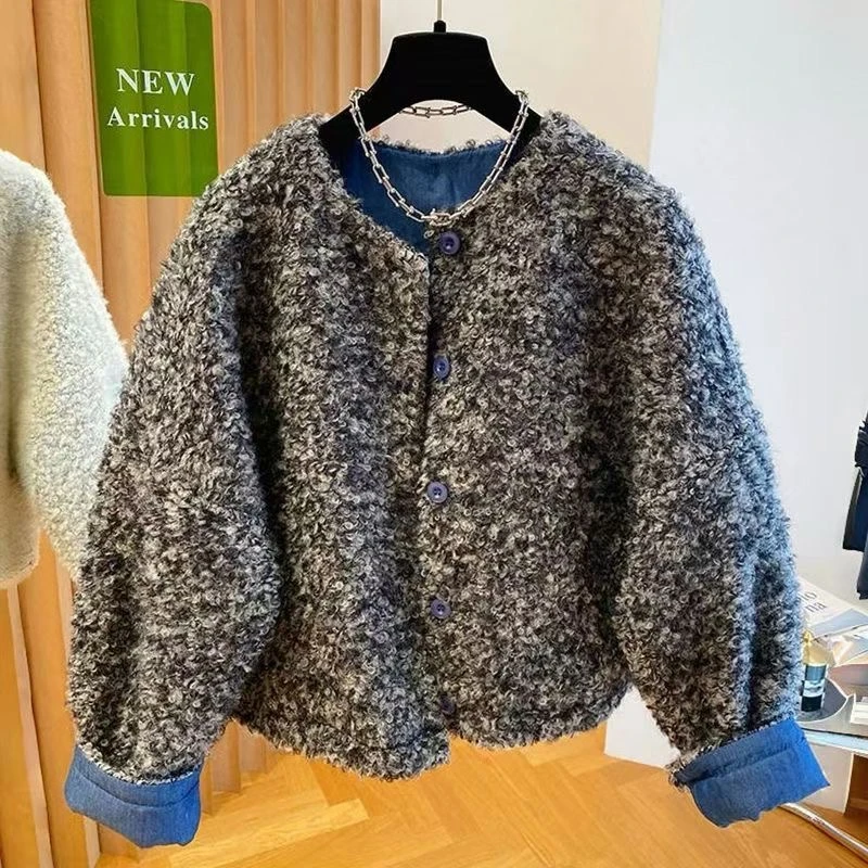 高级感时尚小香风拼色羊羔毛夹棉外套女2025秋冬新款宽松加厚上衣