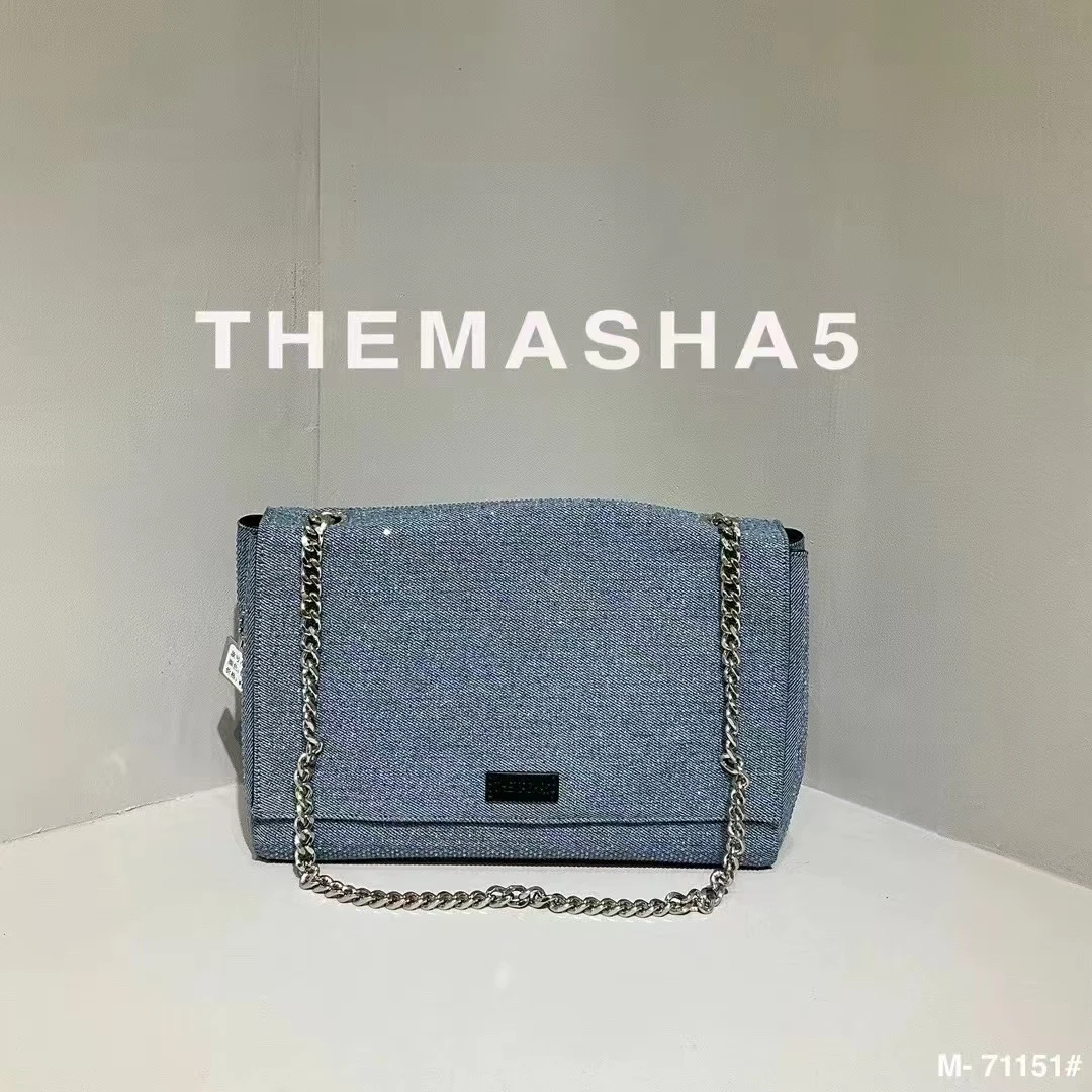 2024秋冬新款玛莎女包牛仔布料烫钻时尚单肩斜挎链条小方包A253