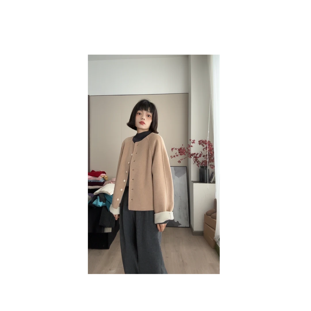 【奶茶羊绒】小众气质高品双面呢大衣外套羊绒宽松大衣女秋冬高级感