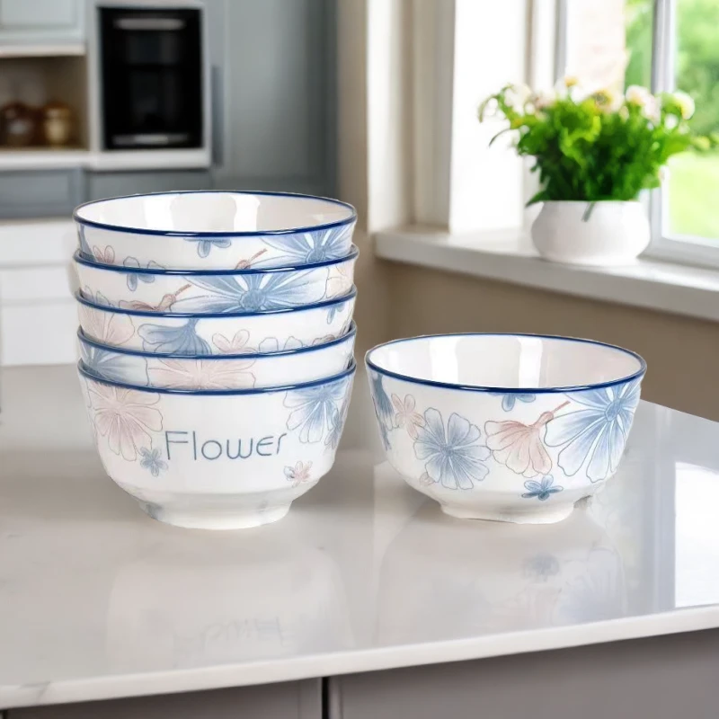 兰棕大花5英寸家用陶瓷米饭碗创意加厚欧式防烫釉下彩