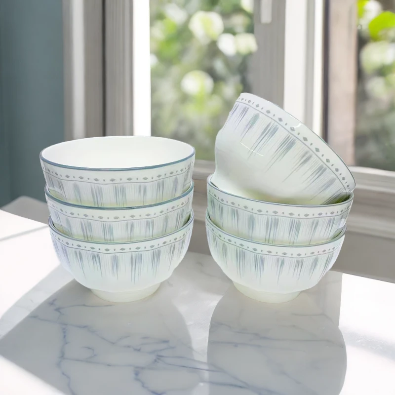 家用简约轻奢釉下彩中式钻石碗5.3英寸流星雨米饭碗[6只装]