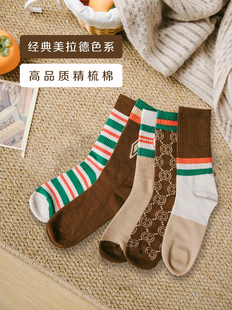 袜子女秋冬新款休闲运动条纹高筒袜ins潮百搭学院风袜子堆堆袜-88