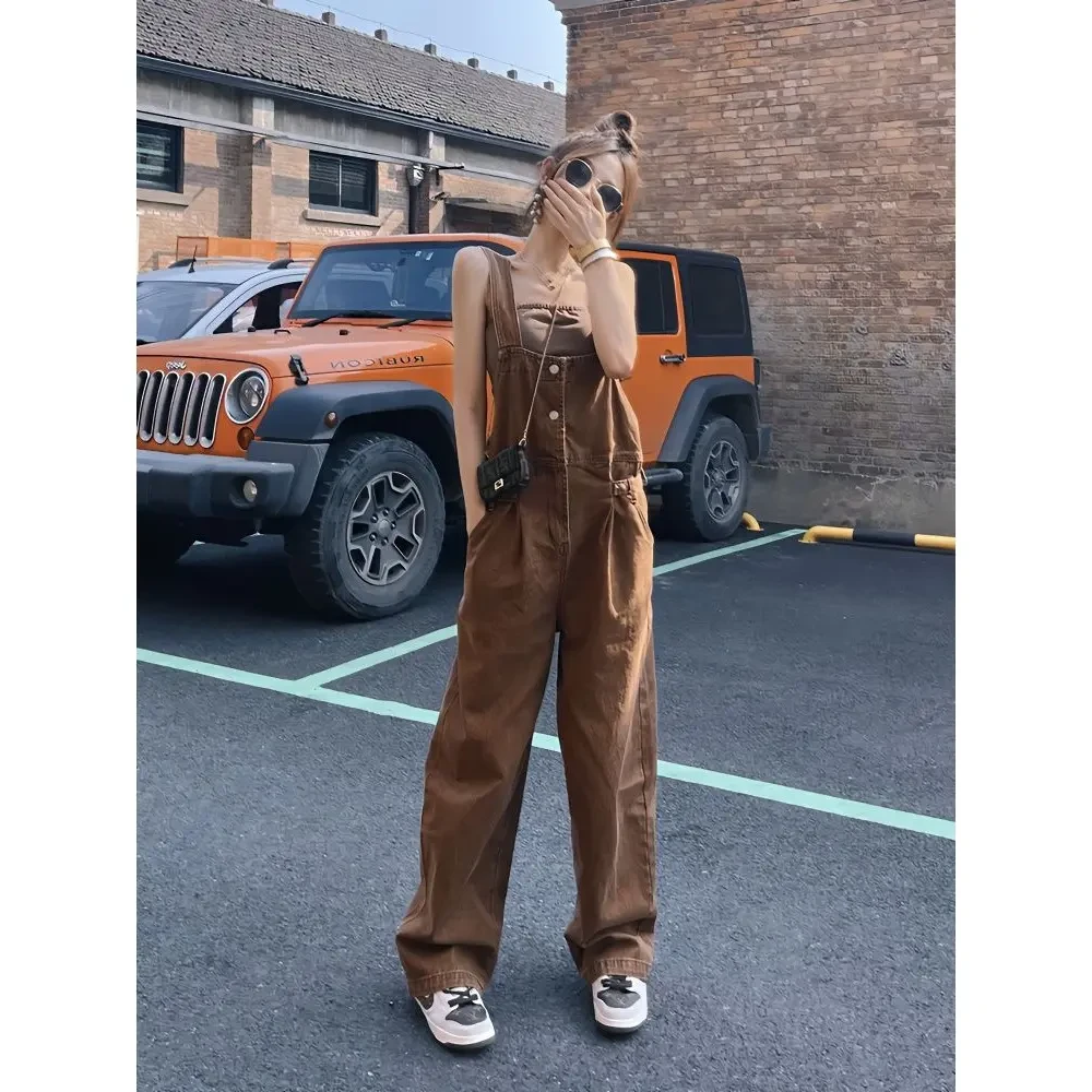 美式复古棕色背带裤女春新款百搭显瘦阔腿直筒连体裤ins潮