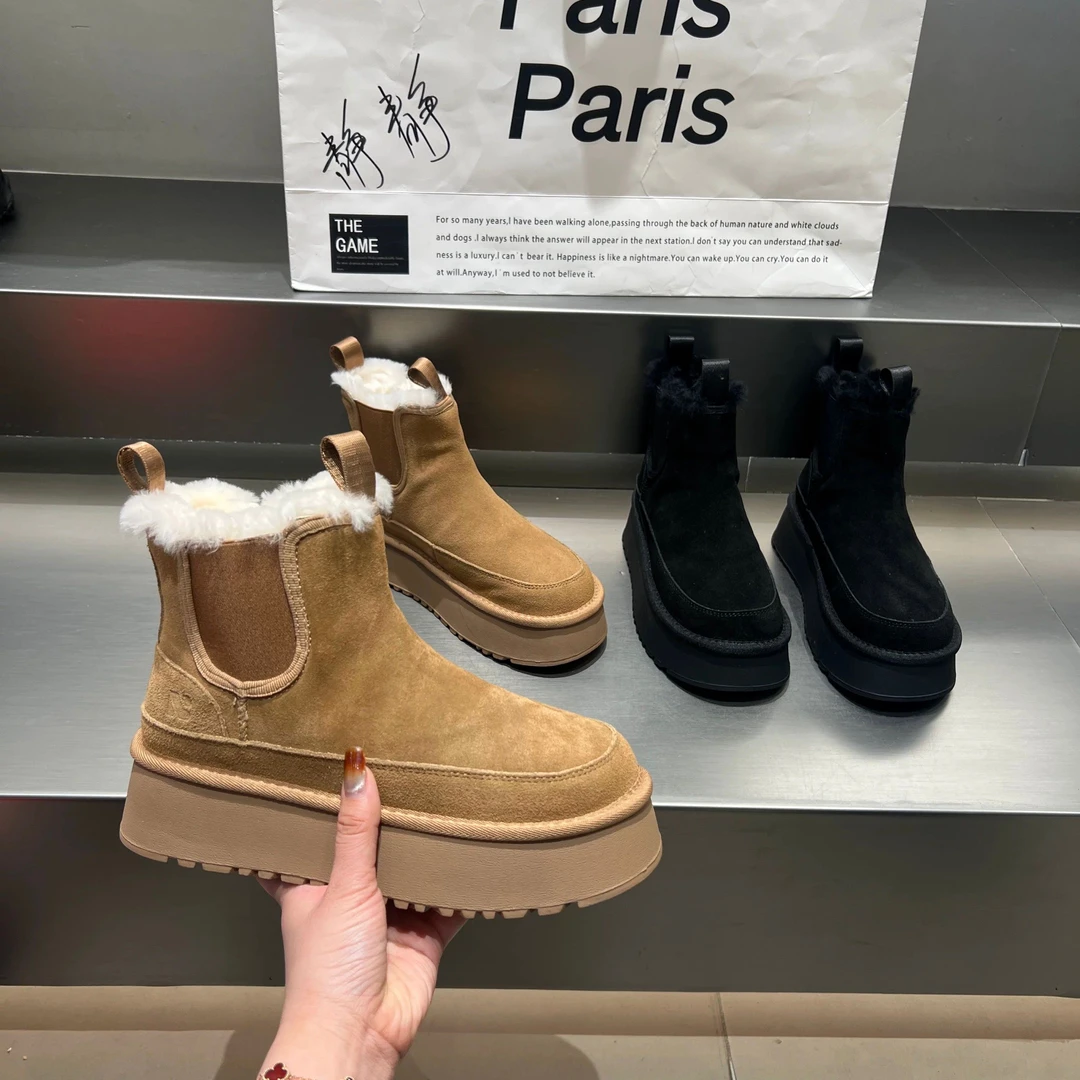 跟高6cm 真皮雪地靴冬季加绒加厚底秋冬雪地靴磨砂皮棉鞋女