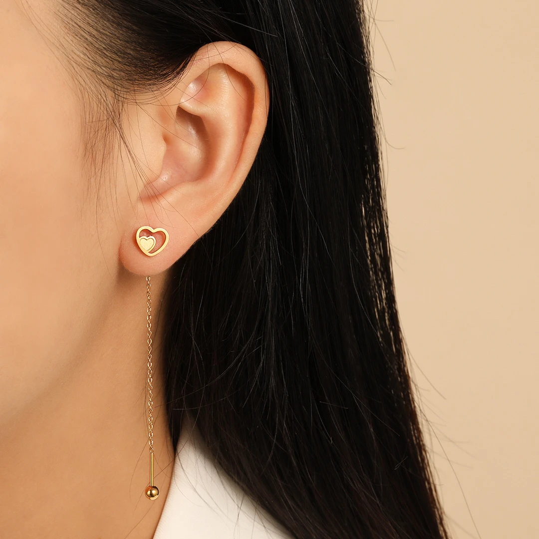 钛钢耳饰 不掉色甜美镂空心形双爱心长款流苏耳线简约气质