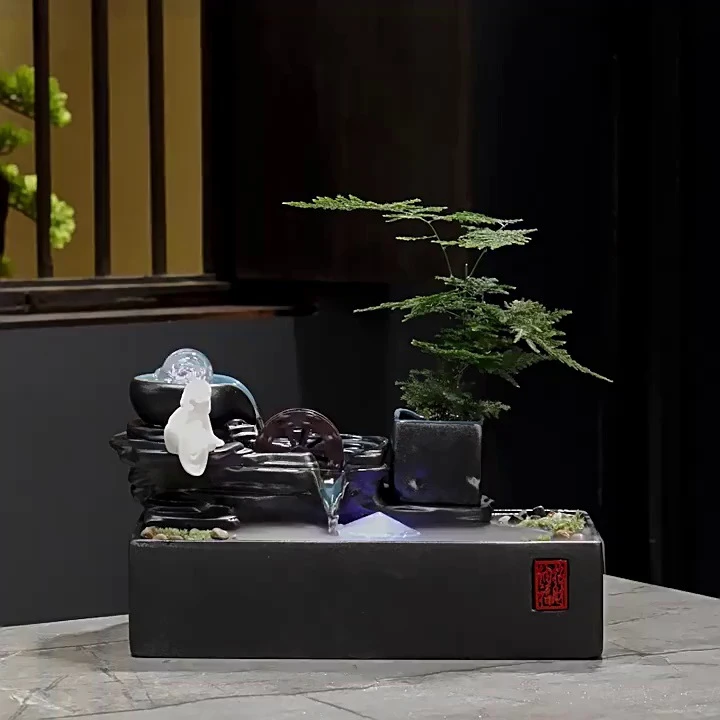 新中式招财流水摆件循环水风水轮办公室桌面轻奢摆件开业乔迁礼品