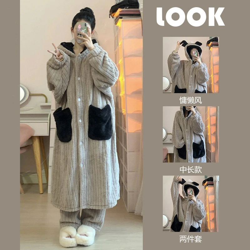 连帽珊瑚绒睡衣女秋冬季新款加厚毛绒法兰绒睡袍家居服套装可外穿