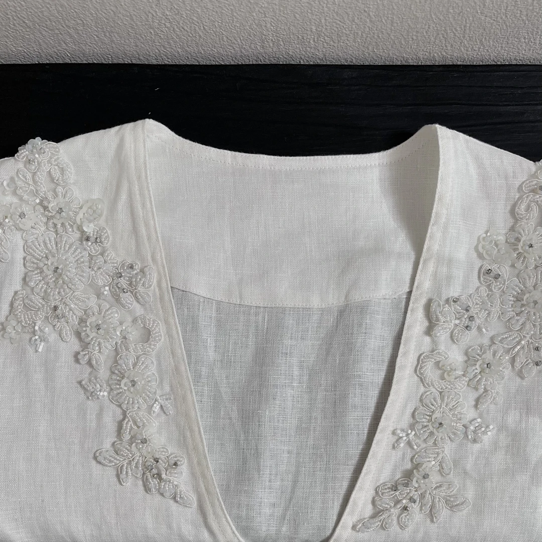 Loosen Up【云中繁花】重工立体花朵钉珠绣花V领亚麻衬衫/吊带套装