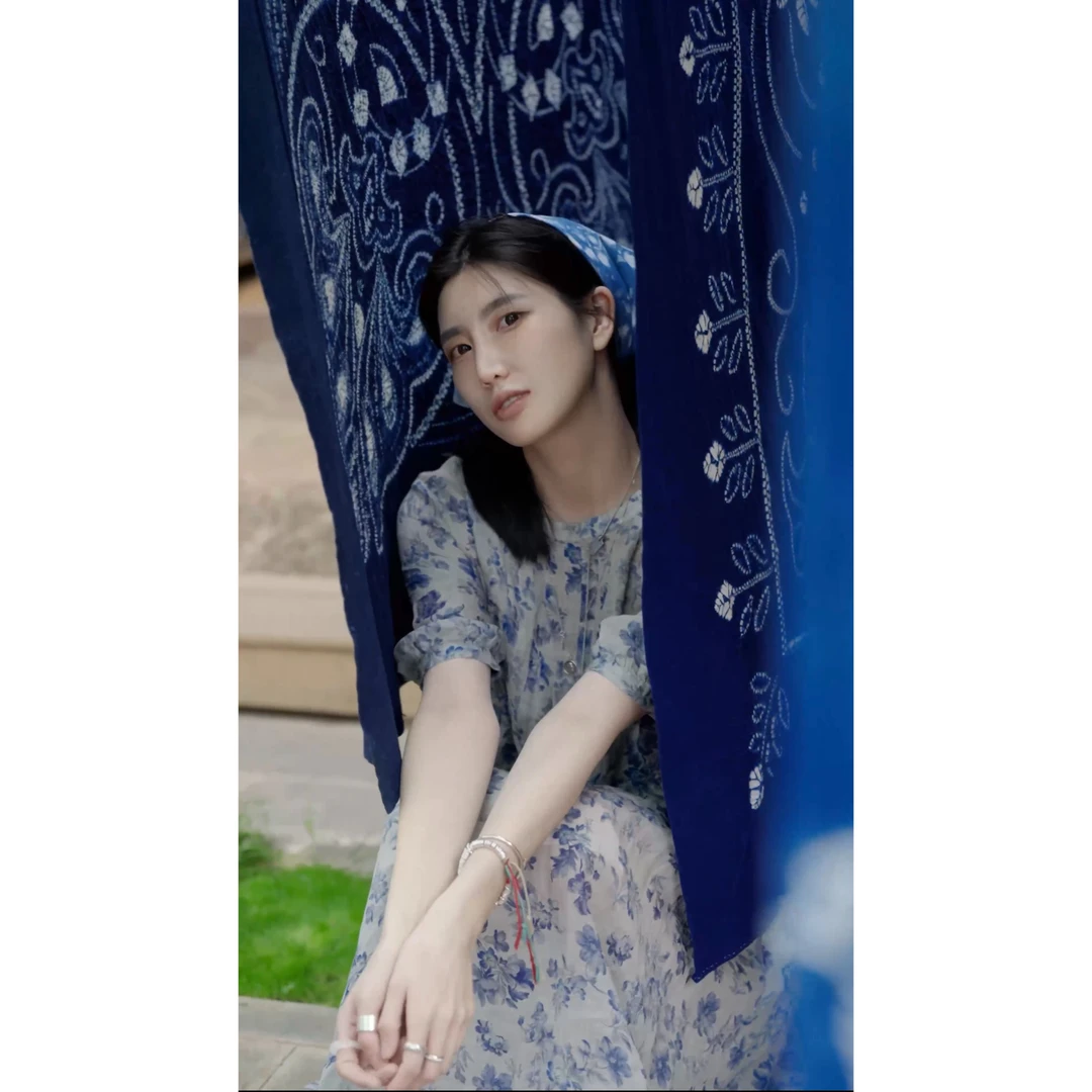 Loosen Up【氛围美学】气质度假风印花宽松抽绳系带收腰短袖连衣裙