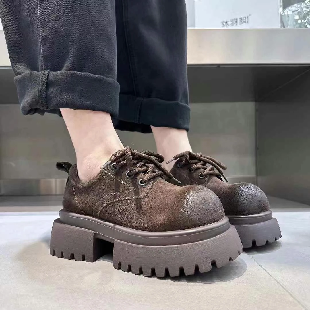 欧货磨砂牛皮大头系带单鞋女2024秋季新款厚底松糕增高7cm乐福鞋