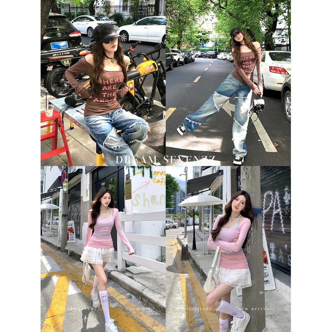 DREAM SEVEN77 字母印花长袖T恤上衣秋季百搭修身QT15525、QO85480