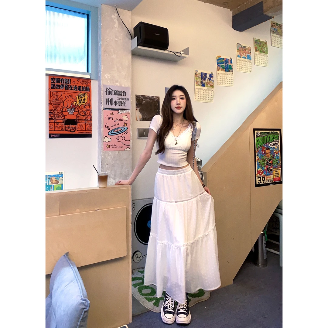 DREAM SEVEN77 针织V领蕾丝花边上衣T恤女长款半裙两件套QT75063