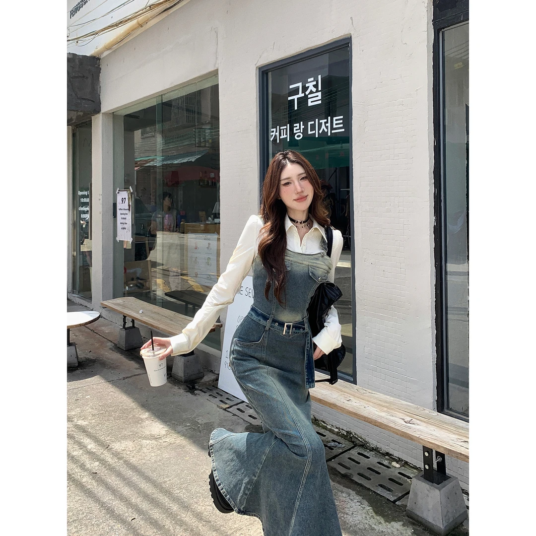 DREAM SEVEN77 高腰减龄牛仔吊带连衣裙秋季显瘦长款裙子QF25764