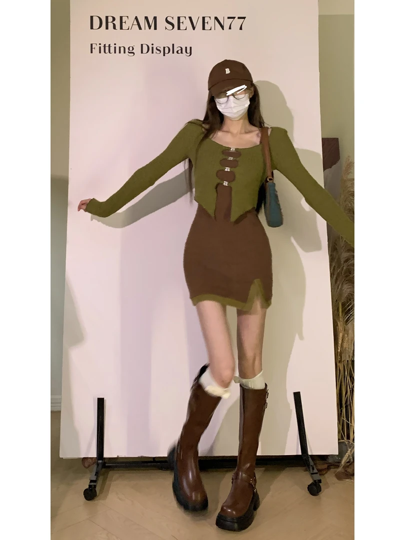 DREAM SEVEN77 长袖开衫吊带连衣裙女显瘦短款两件套QTX64291