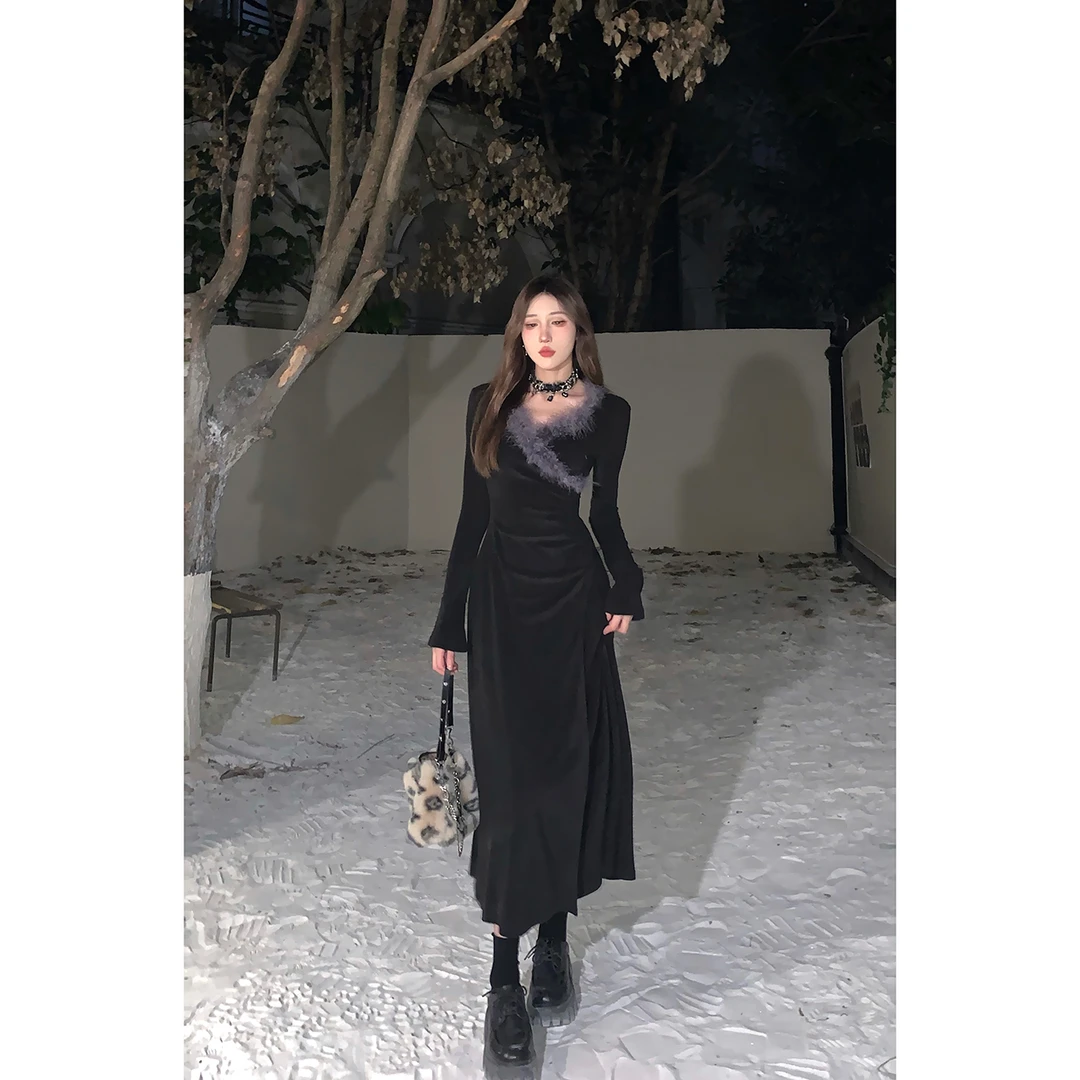 DREAM SEVEN77 毛毛吊带连衣裙女冬季内搭长款裙子QL64545