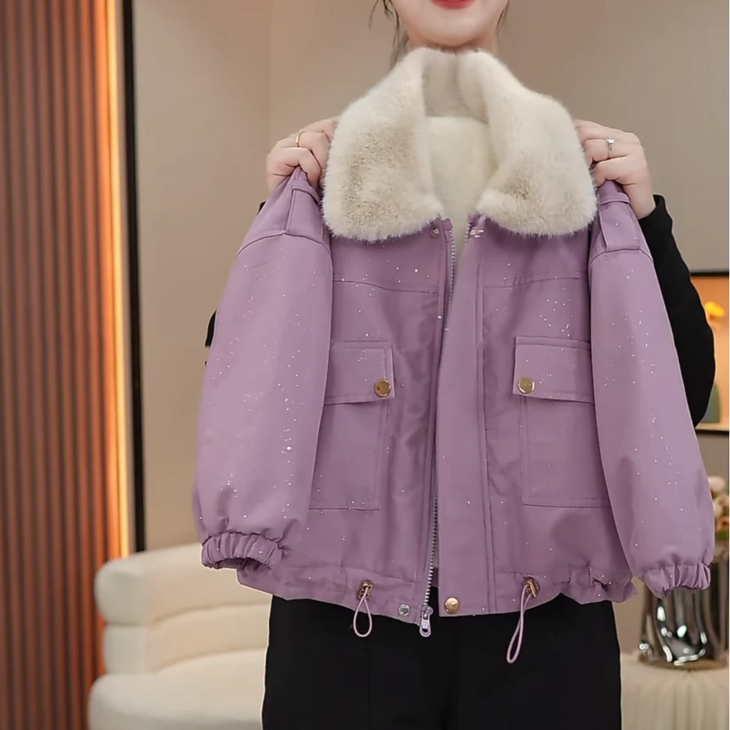 女童加绒派克服棉袄秋冬新款女中大童时髦毛毛翻领保暖棉服外套