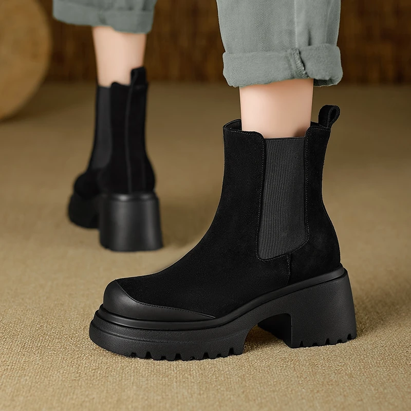 7cm磨砂牛皮圆头粗跟切尔西靴秋冬新款百搭高跟厚底短靴休闲女靴