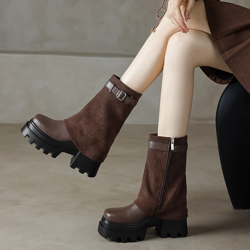 9cm英伦风中筒裤管靴秋冬复古厚底高跟靴子真皮粗跟小个子女皮靴