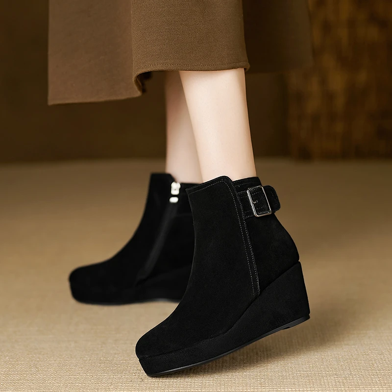 7cm爆款秋冬磨砂皮高跟靴子增高高级短靴坡跟鞋厚底洋气真皮靴子