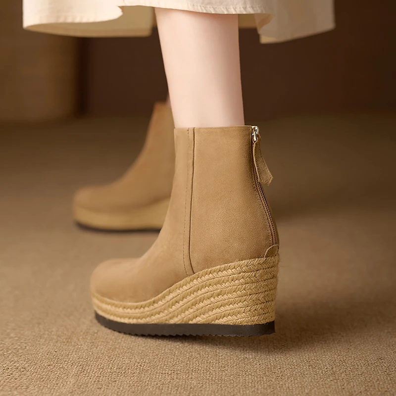 7cm秋冬圆头短靴女拉链坡跟女靴百搭高跟厚底鞋子小个子舒适踝靴