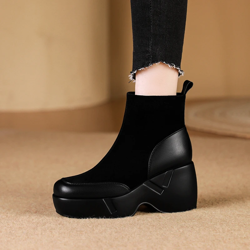 8.5cm百搭真皮厚底坡跟靴子女短靴小个子增高瘦瘦靴秋冬高跟棉靴