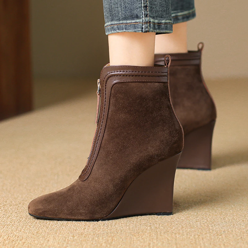 9cm羊皮秋冬复古短靴女方头舒适高跟坡跟靴牛皮百搭前拉链女靴