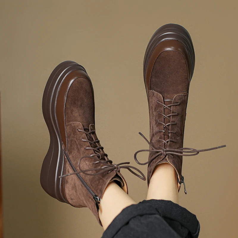 8.5cm小个子厚底靴英伦风靴子百搭磨砂真皮圆头松糕短靴女马丁靴